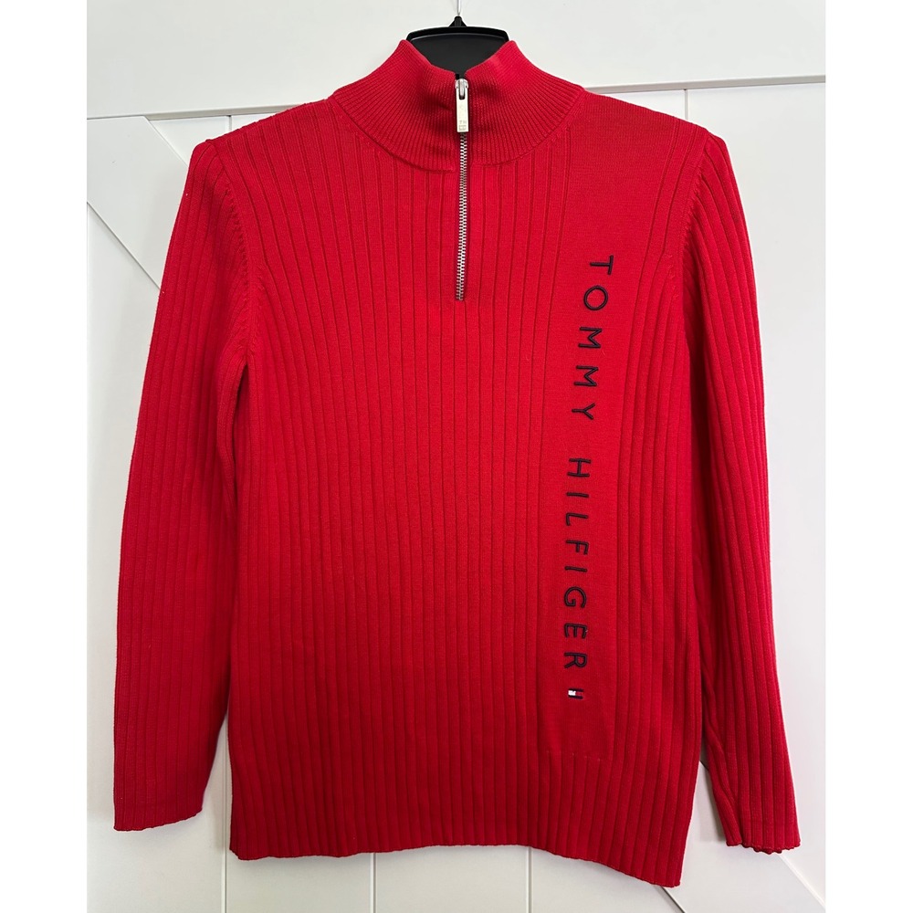 Tommy Hilfiger Women's Red Ribbed 1/4 Zip‎ Sweater 1X Embroidered Cotton Blend